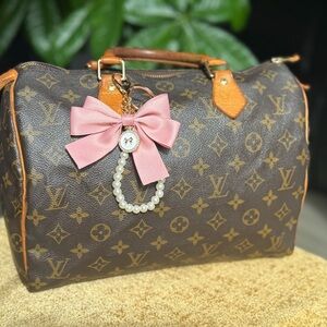 Louis Vuitton Brown Monogram Canvas Tote with Pink Bow Pearl Charm